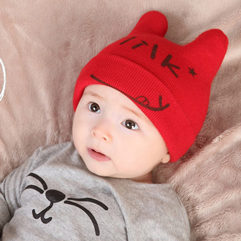 贝迪牛+新生儿童毛线帽婴儿帽子宝宝帽子冬季新款保暖加绒毛线帽子 均码（3个月-2岁） 红色milk针织帽