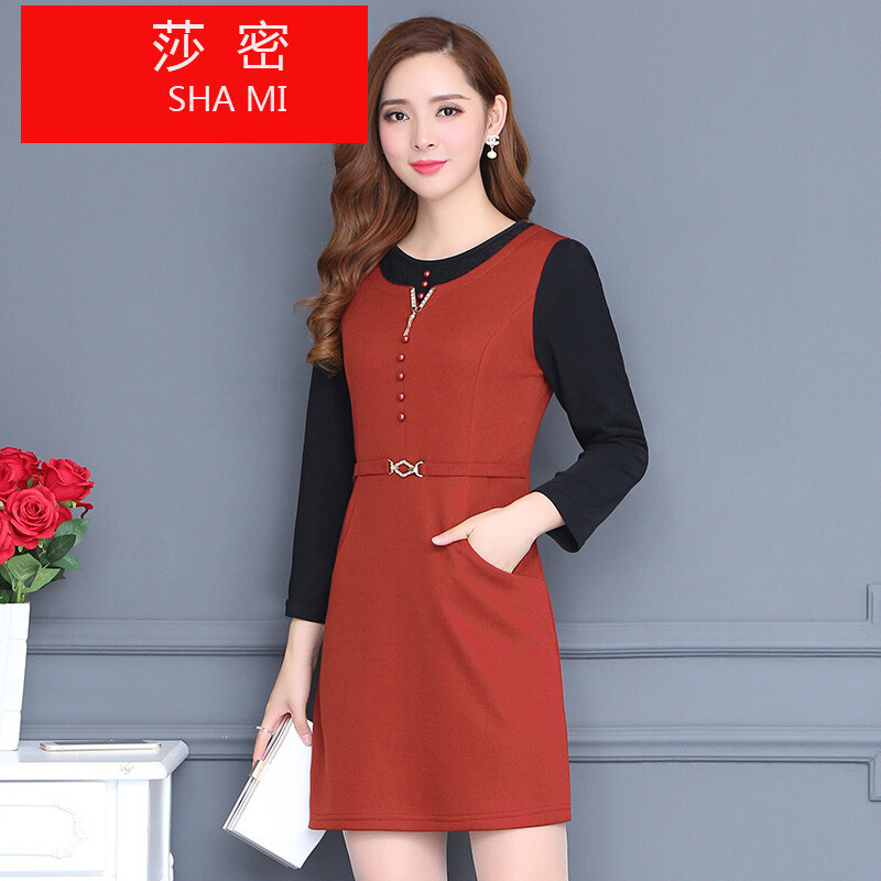 莎密秋冬中年修身时尚打底假两件A字裙时尚妈