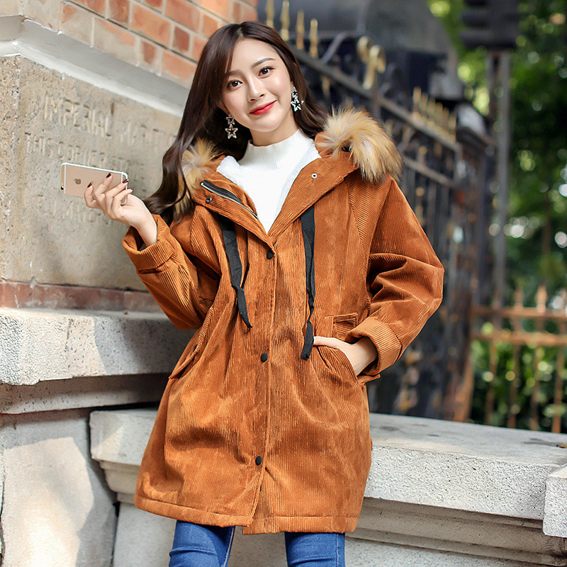 阿妮萱2017大毛领棉服女韩版宽松BF灯芯绒外