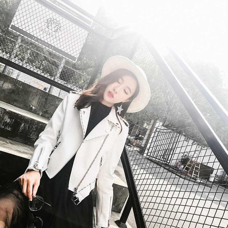 春秋新白色休闲时尚pu皮衣短款机车服小外套韩版修身女皮夹克 m 白色