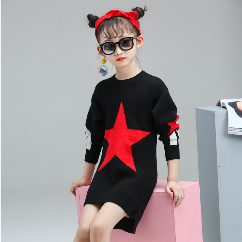 甜美猫 女童冬装毛衣儿童中长款加绒加厚针织