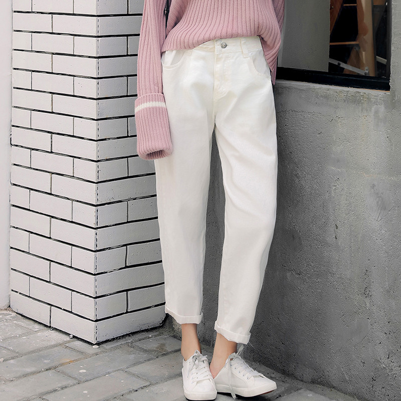 白色宽松牛仔裤女高腰直筒长裤秋冬季加绒九分