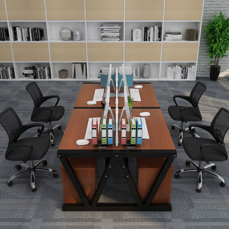职员办公桌桌椅组合简约现代2/4/6人位工作位办公家具屏风卡座 四人位（柚木+黑架）