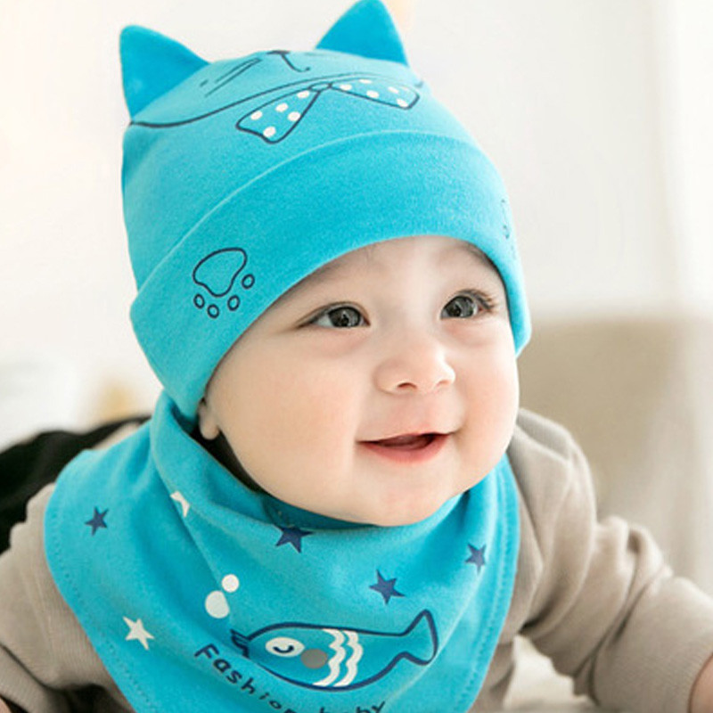 贝迪牛+新生儿胎帽婴儿帽 男女宝宝帽三角巾套装 均码（0-12个月） 蓝色大脸猫2件套