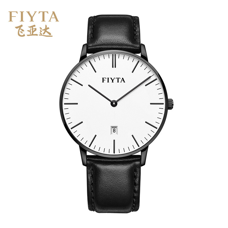 飞亚达(FIYTA)手表 时尚简约北欧风 皮带石英男表 白盘黑色皮带男表DG850000.BWB