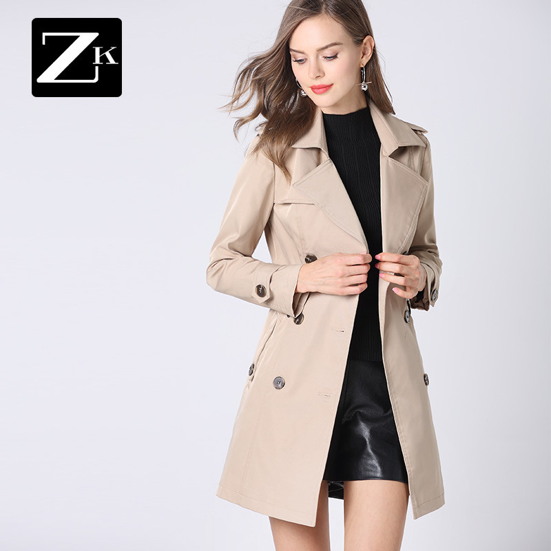 ZK双排扣风衣女中长款韩版简约修身显瘦纯色外套2018春季新款BC XL 卡其2