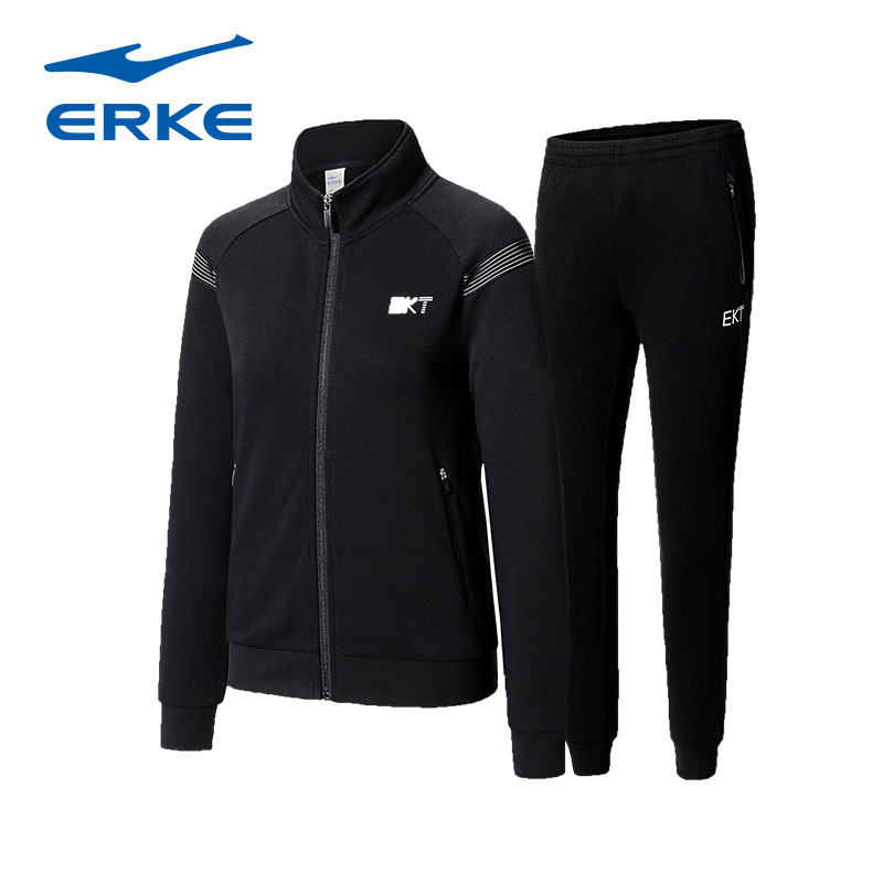 鸿星尔克（erke）女款运动套装休闲卫衣开衫舒适百搭运动裤42287220 M 正黑/正黑