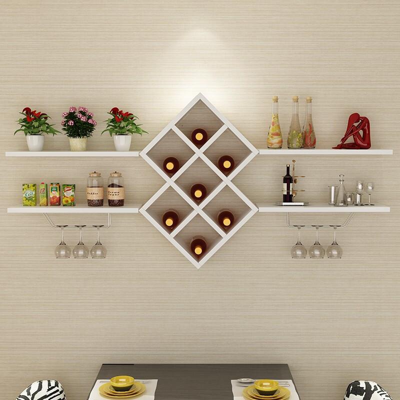 现代简约餐厅置物架装饰架壁挂式墙上红酒架菱形酒格组装摆件架子_1_2 总长1.4米（白色）
