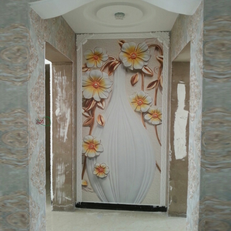 欧式3d立体墙纸玄关花瓶客厅走廊背景墙壁纸过道竖版大型壁画_2 无缝真丝布/每平米