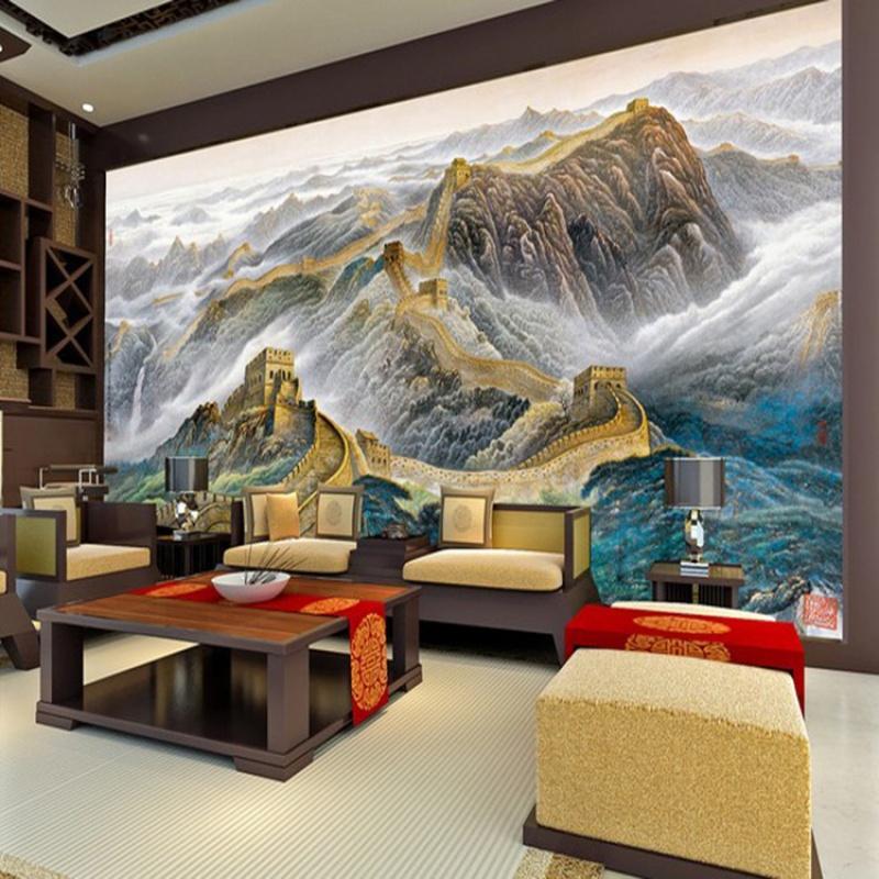 万里长城3D立体大型壁画会议室墙布中国风背景墙壁纸山水画办公室_4 高档进口油画布（整幅）