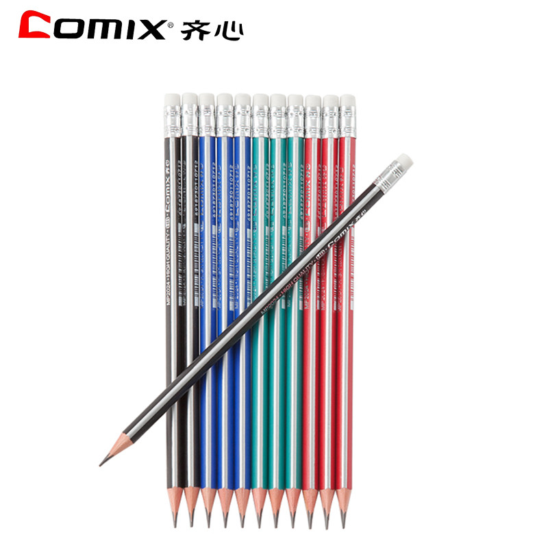 齐心(Comix)MP2024 HB三角木杆铅笔带橡皮12支/盒 3盒装 黑色