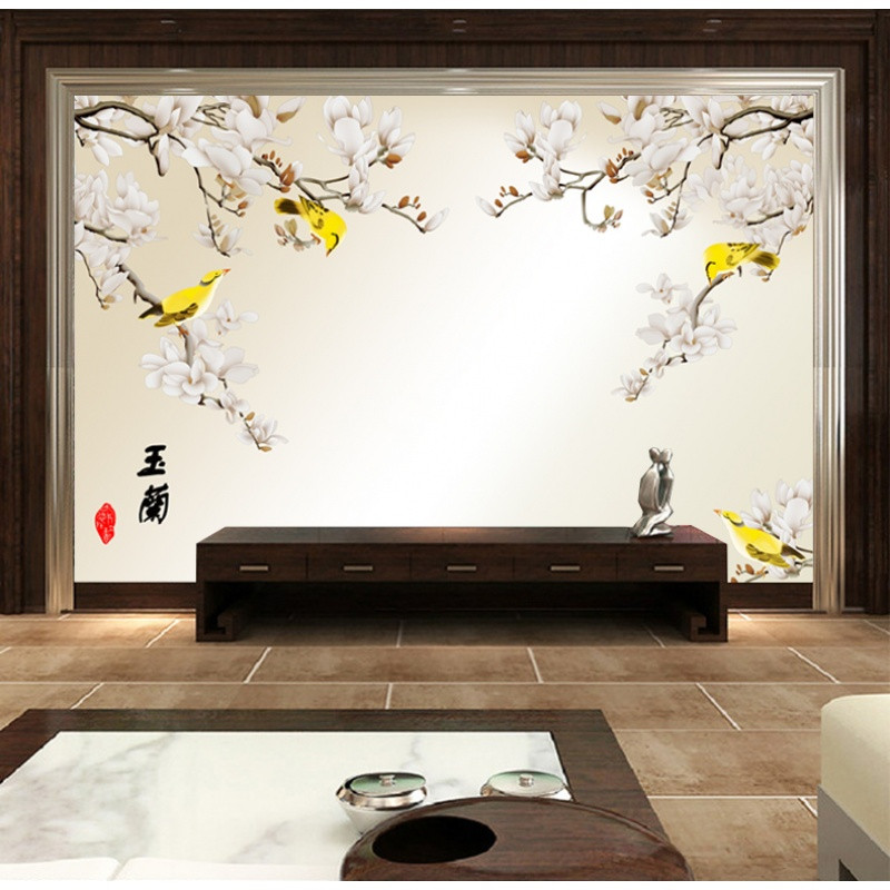3D立体现代电视背景墙纸壁纸壁画客厅卧室床头大型墙画防水玉兰花 无缝闪银布（整张/平方)