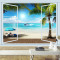 3D立体墙纸客厅沙卧室餐厅电视背景墙壁纸大型壁画假窗大海蓝天 无缝宣绒布