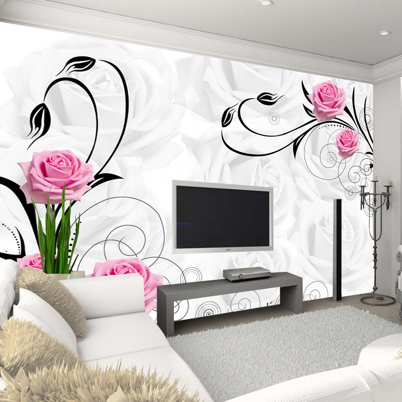 3D立体电视背景墙纸壁画沙卧室客厅背景无纺布壁纸白色花朵玫瑰 无缝无纺纸（整张/平方）