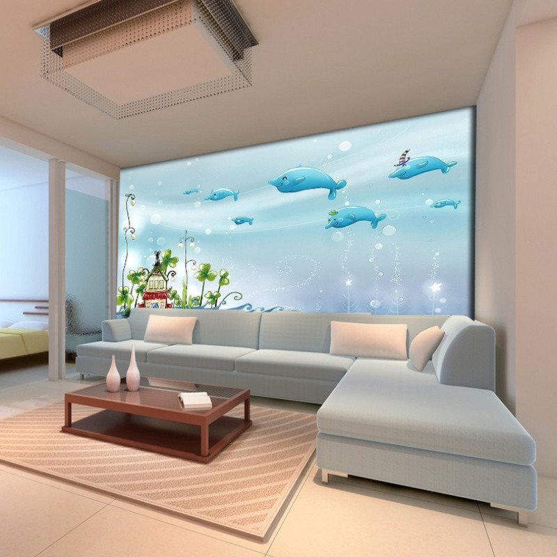 无缝3d卡通海底手绘纯色蓝色海豚儿童房壁纸卧室背景墙无纺布墙纸 无缝油画布（整张/平方）