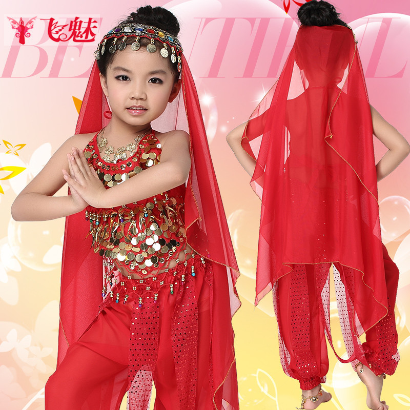 飞魅 新款儿童肚皮舞演出服套装 六一少儿印度舞蹈服装表演服女童 S 大红四件套