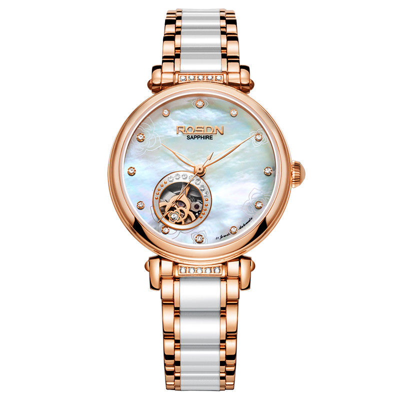 劳士顿(ROSDN)手表自动机械镂空时尚钟表陶瓷女士手表2099