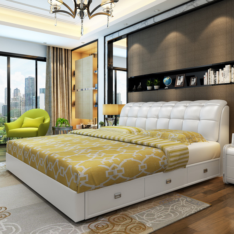 床 皮床 简约现代大小户型卧室皮艺床 双人床储物床皮质 1.5m床+2柜
