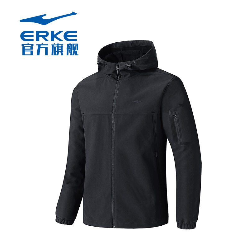 鸿星尔克（ERKE）男子加厚上衣2018秋季新款开衫男休闲时尚百搭风衣运动服1121830 XL（成人） 正黑