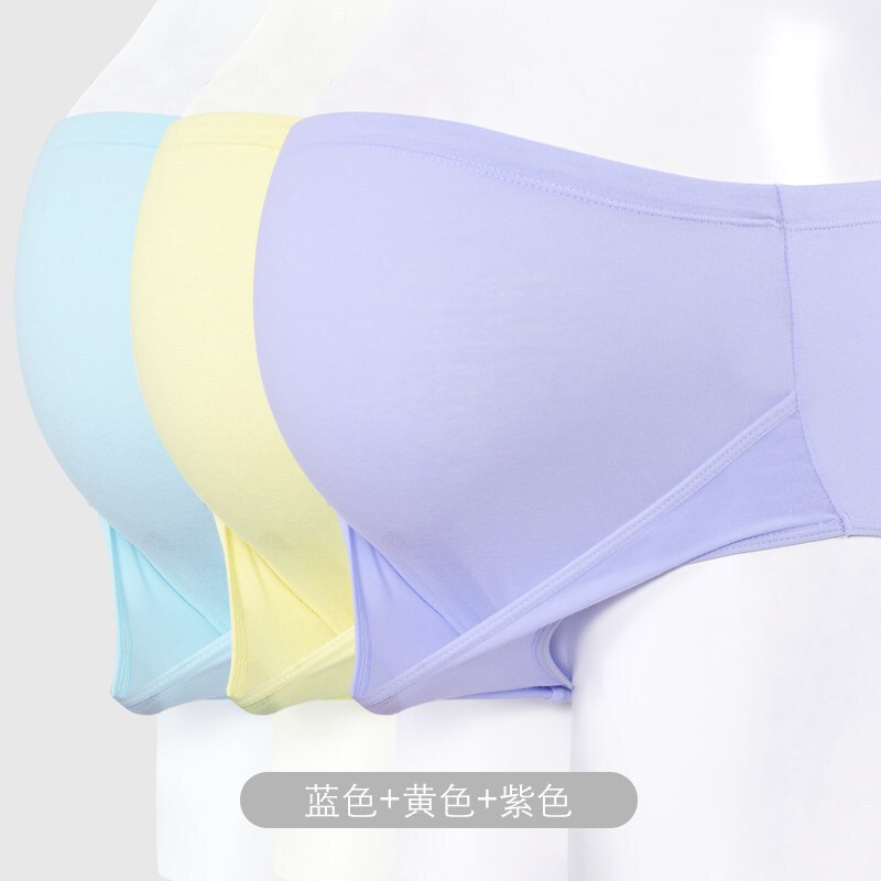 三条孕妇内裤棉高腰托腹裤头可节士内衣孕妇_7_9 M 蓝色+黄色+紫色