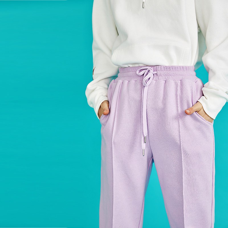 初语2018秋装新款小脚运动休闲裤收口卫裤女显瘦刺绣哈伦长裤# XS 粉紫色