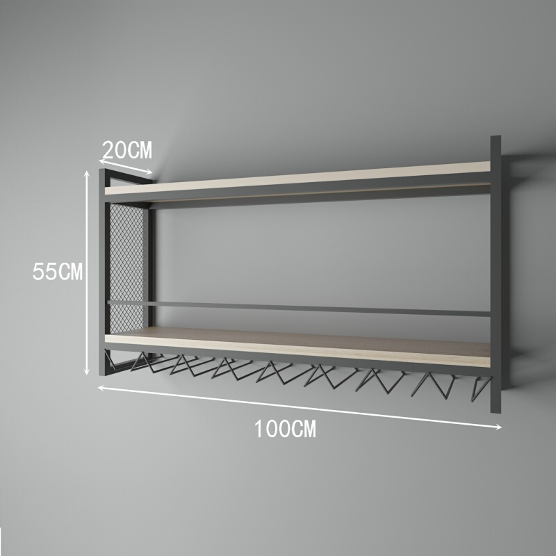 北欧酒架壁挂铁艺实木墙上置物葡萄酒展示架红酒架酒杯架高脚杯架_4 长100*宽20*高55CM原木色