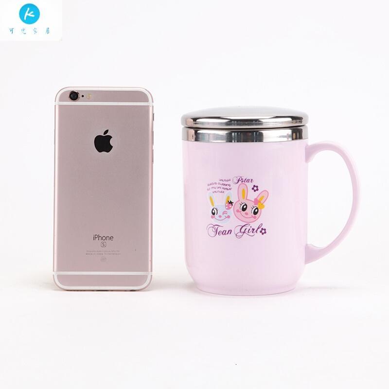 18新款马克杯带盖勺办公室水杯304不锈钢创意茶杯带手柄咖啡杯儿童杯子 粉红色小萌兔图案(350毫升)