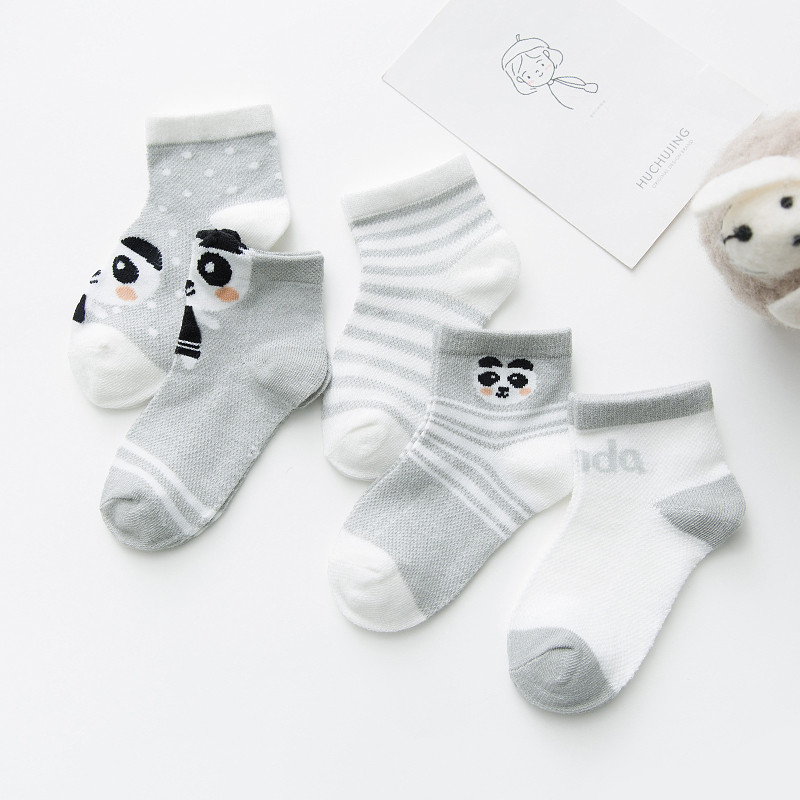 2018新款夏季超薄儿童袜子0-3-5-7-9-12岁网眼透气婴儿宝宝船袜 灰色熊猫 9-12岁XL（19-22cm）