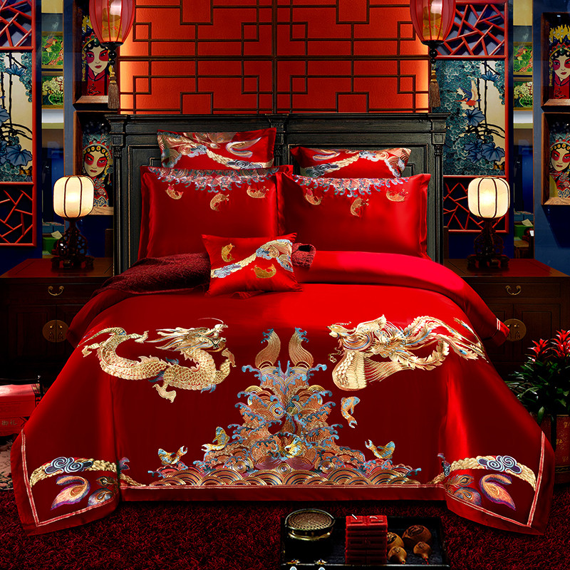 北极绒(Bejirog) 结婚四件套全棉斜纹大红色床上用品喜庆婚礼床品套件1.8米双人床