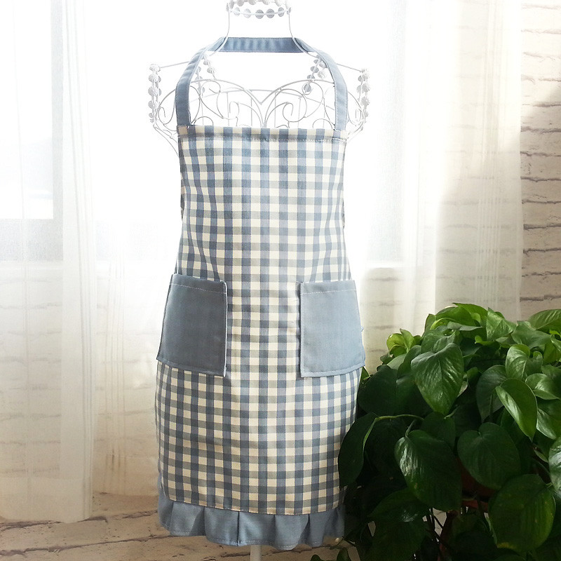 家用厨房格子半身式围裙棉麻布系带防水防油围裙韩版女士围腰罩衣 色织浅蓝小格围裙
