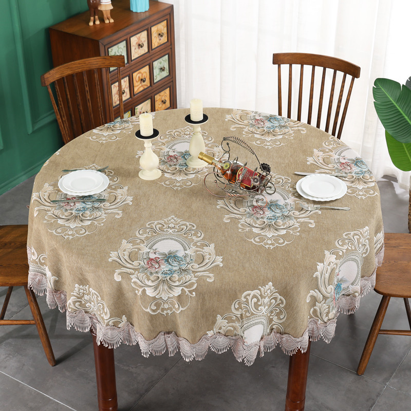 圆桌桌布欧式布艺套1.8米2台布大圆餐桌布家用桌垫茶几雪尼尔加厚 圆桌布直径180 富贵吉祥-咖色