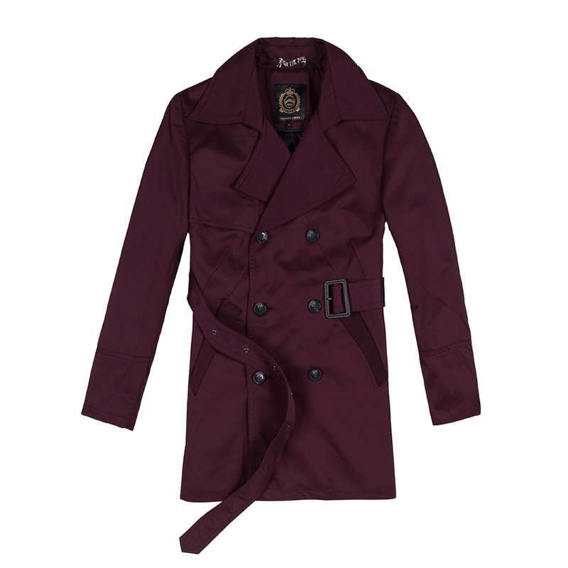 GXG 男士暗红色大翻领双排扣长款休闲修身长