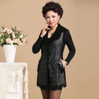 丽欧斯莱 <em>中老年</em>女装秋冬装PU皮中<em>长款马夹</em> 时