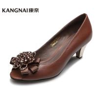 康奈正品秋季新款真皮水钻高跟鞋女黑蓝色粗跟