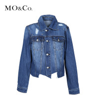 MO&Co.翻领短款破洞铆钉装饰不规则剪边牛