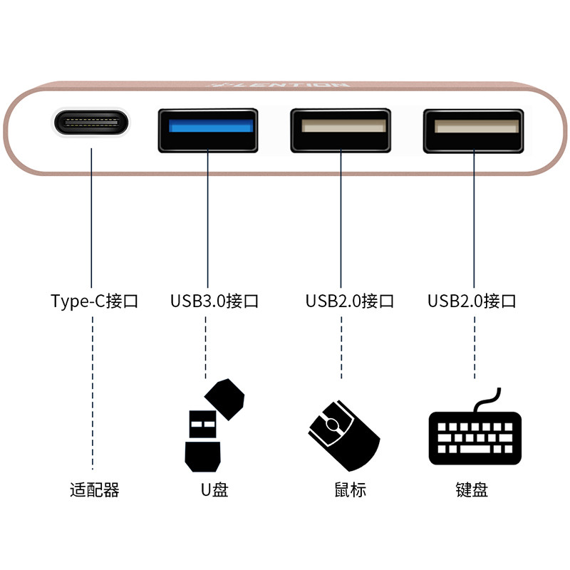 lention蓝盛typec转接头usbhub30适用typec接口笔记本玫瑰金16