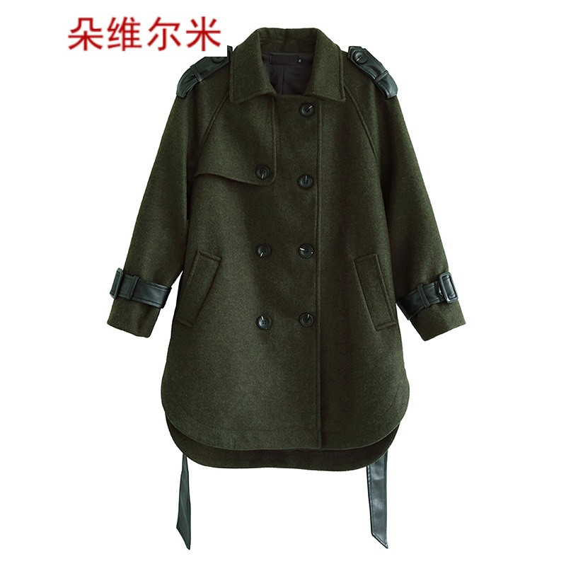 朵维尔米 秋冬装加厚呢子衣女中长款系带收腰