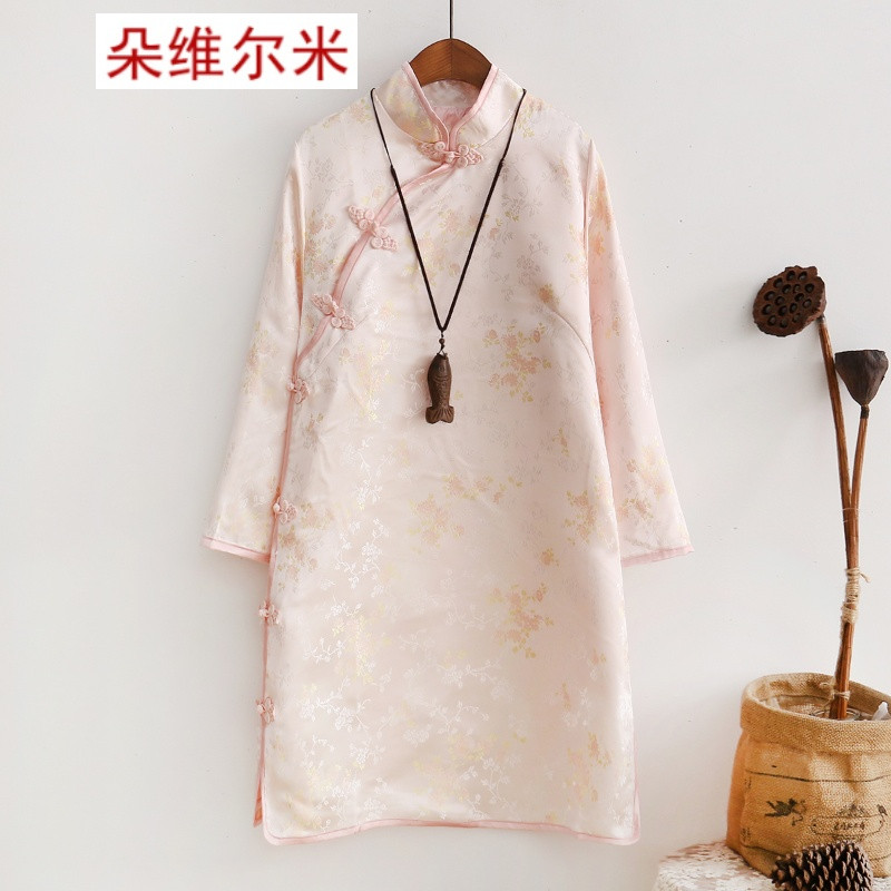 朵维尔米 复古中式立领盘扣长袖连衣裙 中长款