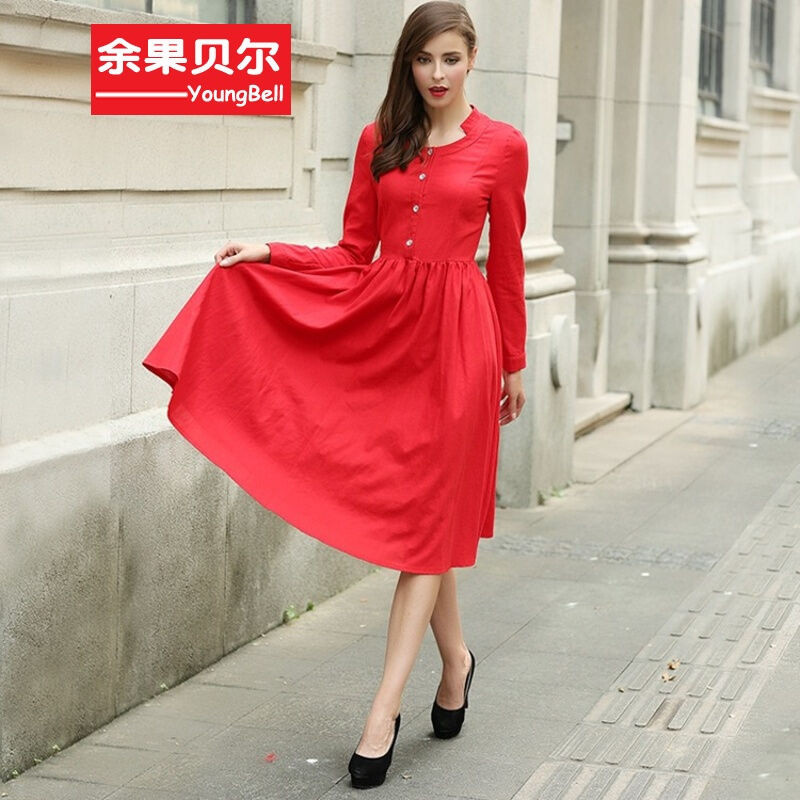 余果贝尔2016新款中国红亚麻连衣裙单排扣大