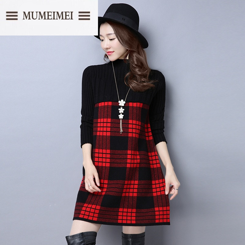 MUM秋冬女装中长款长袖格子毛衣针织连衣裙
