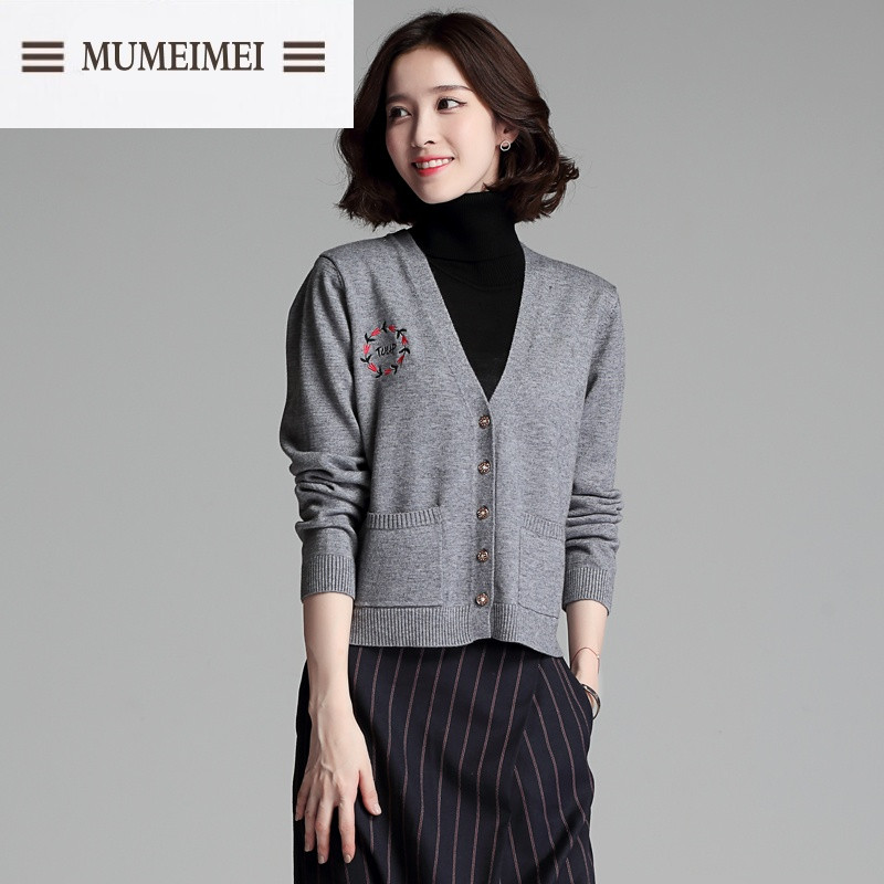 MUM2017春装新款女装韩版针织开衫毛衣女短