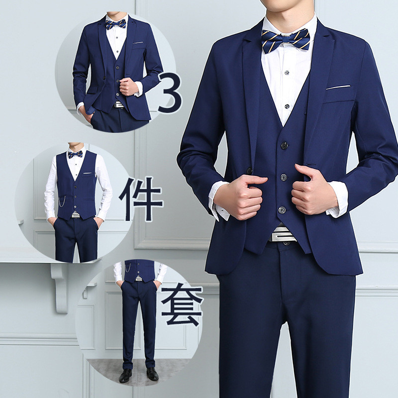 c2潮朝男士休闲西服三件套修身正装商务职业西装新郎伴郎结婚礼服三件