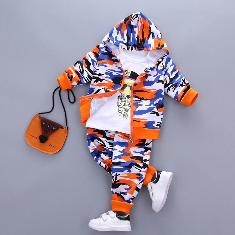 2017新款纯棉女小童迷彩服三件套装男宋仲基