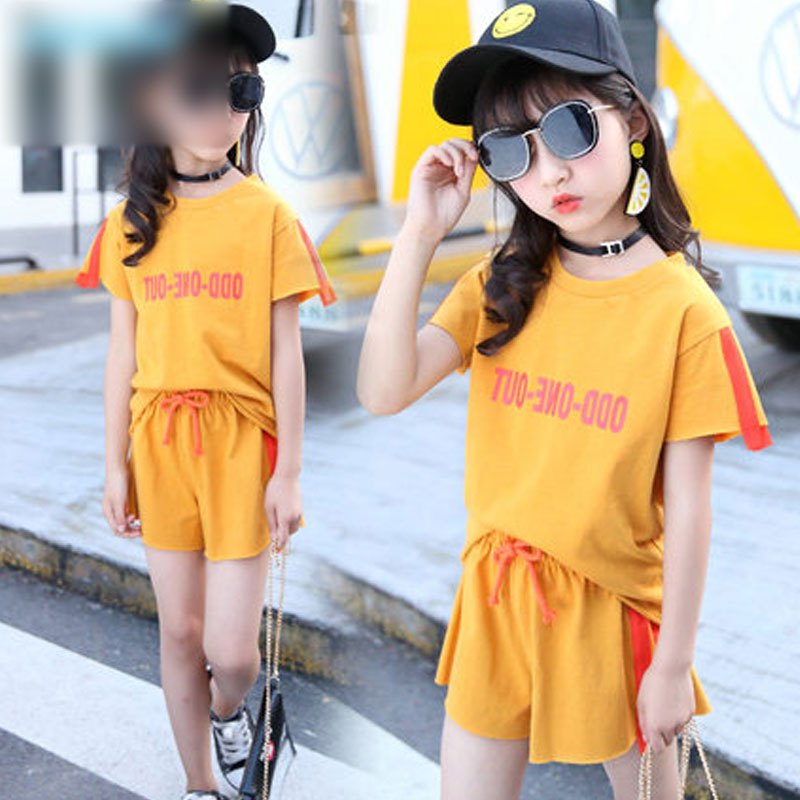 女童装儿童女大童夏装短袖t恤两件套装简约休闲小女孩子上衣裤子夏天