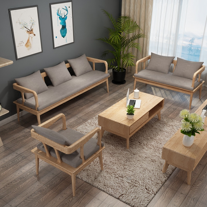 5件套u型木质布艺坐垫大小户型客厅套房家具 日式北欧/宜家实木沙发