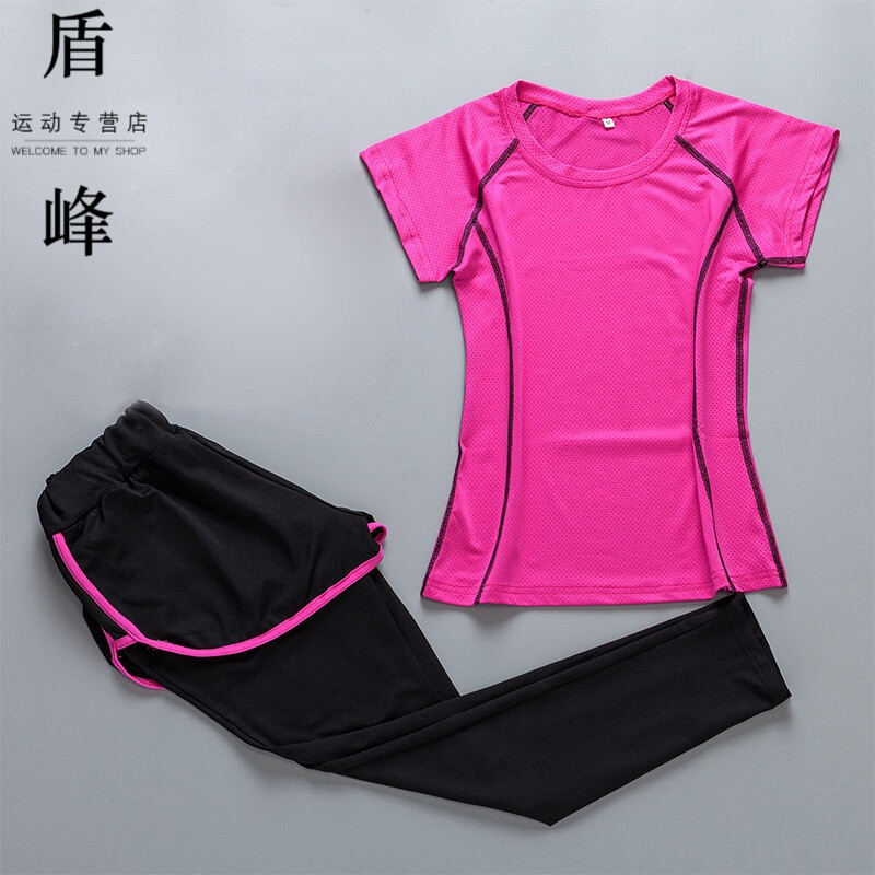 瑜伽服套装女健身房跑步运动套装女夏大码胖mm健身服显瘦速干短袖t恤