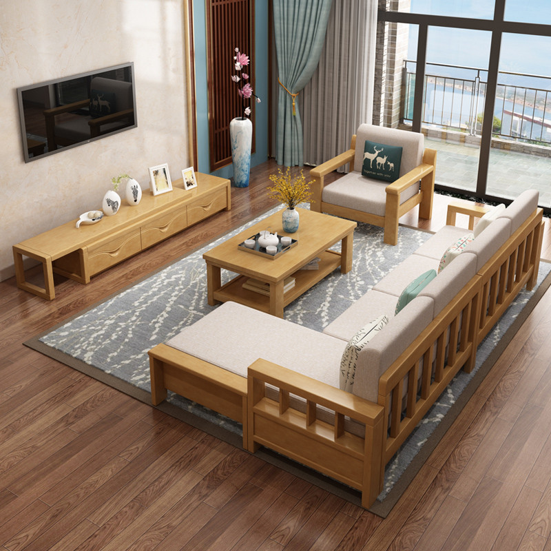 沙发 实木沙发 简约现代沙发组合 贵妃转角橡胶木沙发小户型客厅家具