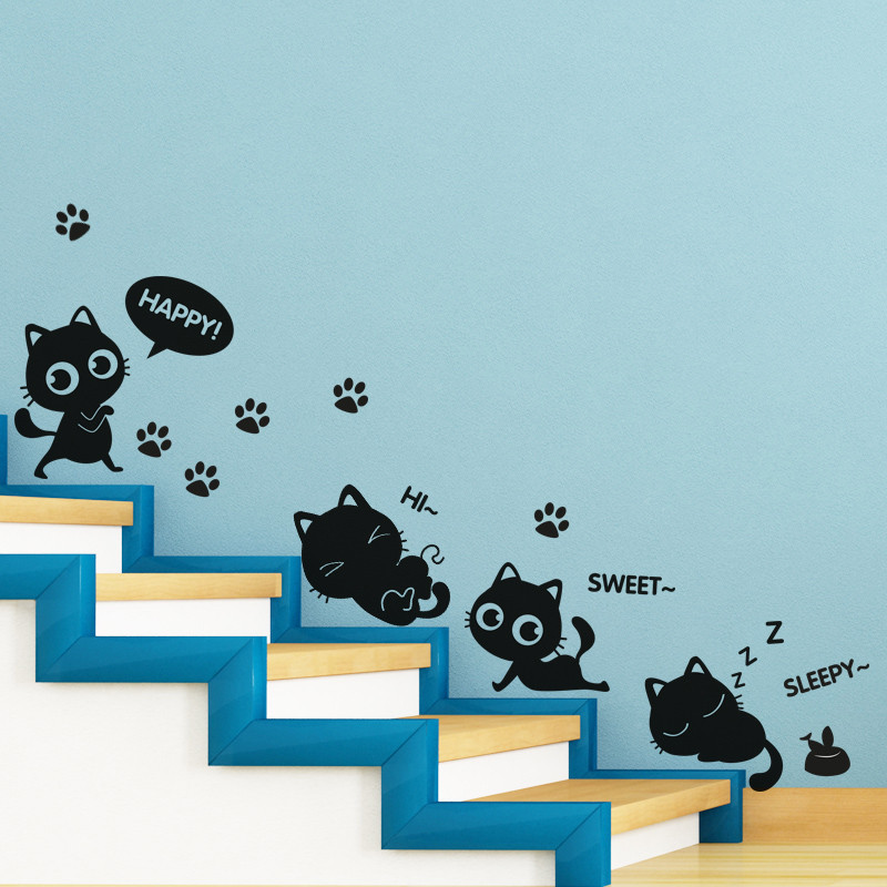 可爱儿童房卧室猫咪楼梯自粘卡通墙纸幼儿园墙面装饰品壁纸墙贴纸_1