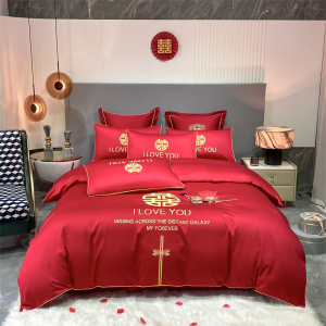 洁丽雅婚庆四件套纯水洗棉大红色结婚被套床单婚房喜庆中式床上用品