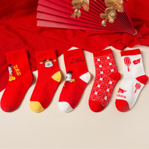 巴布豆配饰儿童圣诞袜子秋冬棉袜女童男童红色新年过年袜子儿童中筒